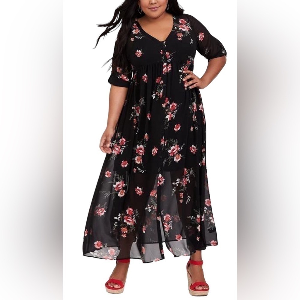torrid Black Floral Maxi Dress with Pink Red Blossoms